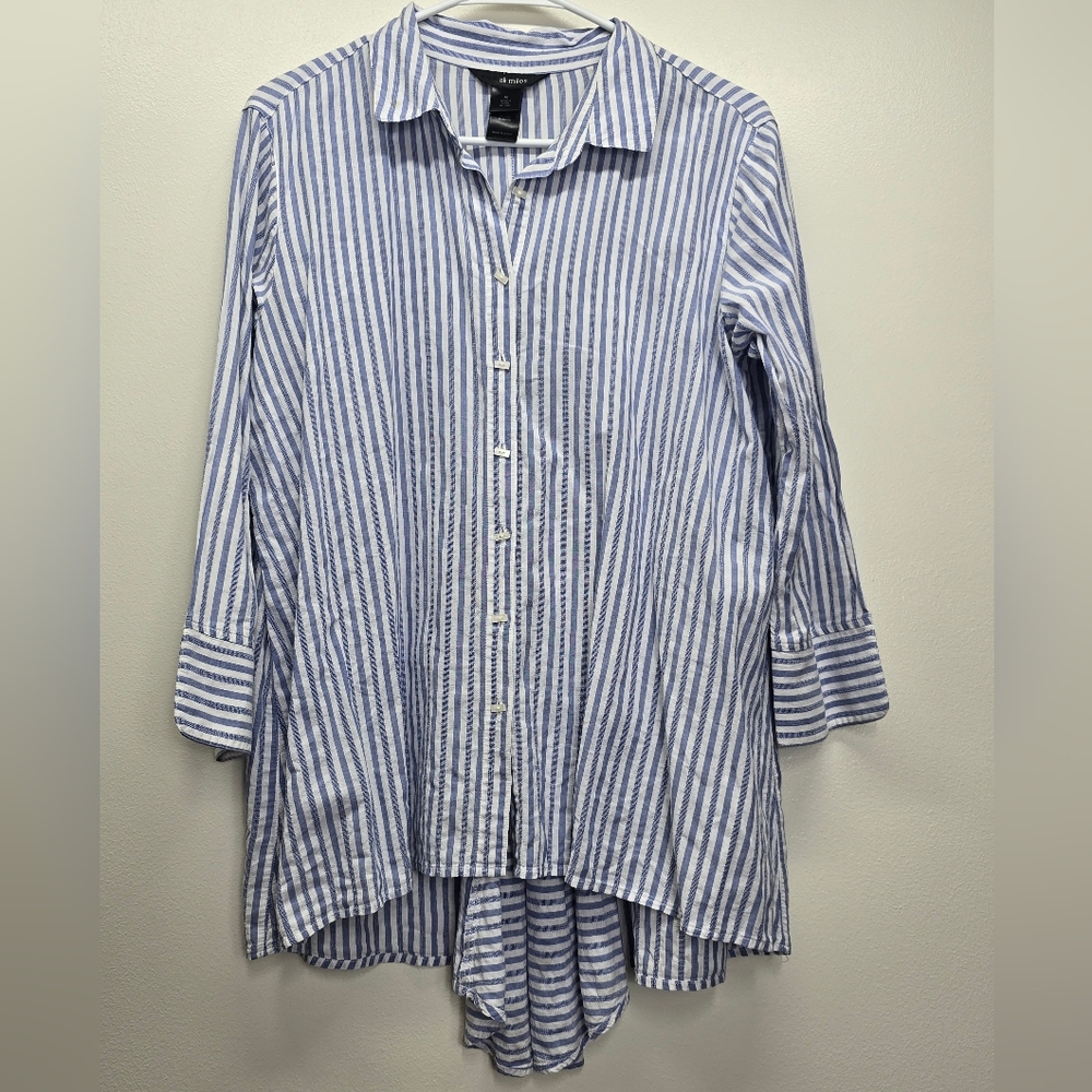 Ali Miles Striped Women's M Top Blue White Cotton  Nautical Boho Cottagecore